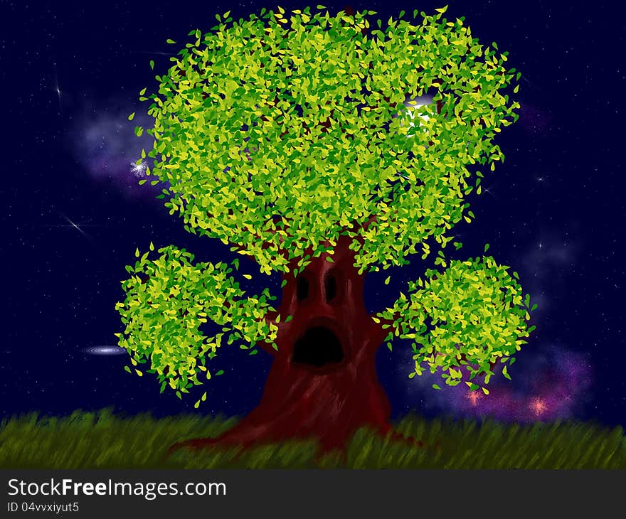 Illustration of creepy tree with green leaves at night. Halloween background. Illustration of creepy tree with green leaves at night. Halloween background