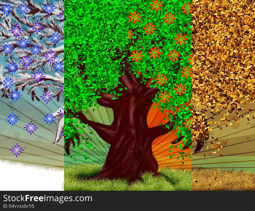 Abstract digital illustration of big fantasy tree, four season background. Abstract digital illustration of big fantasy tree, four season background.