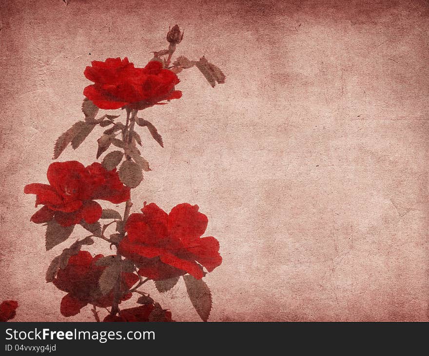 Grunge illustration of red roses on textured, paper background. Grunge illustration of red roses on textured, paper background.