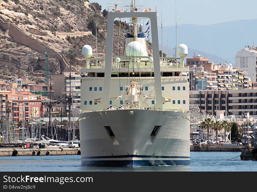 Merchant ship, forward view.