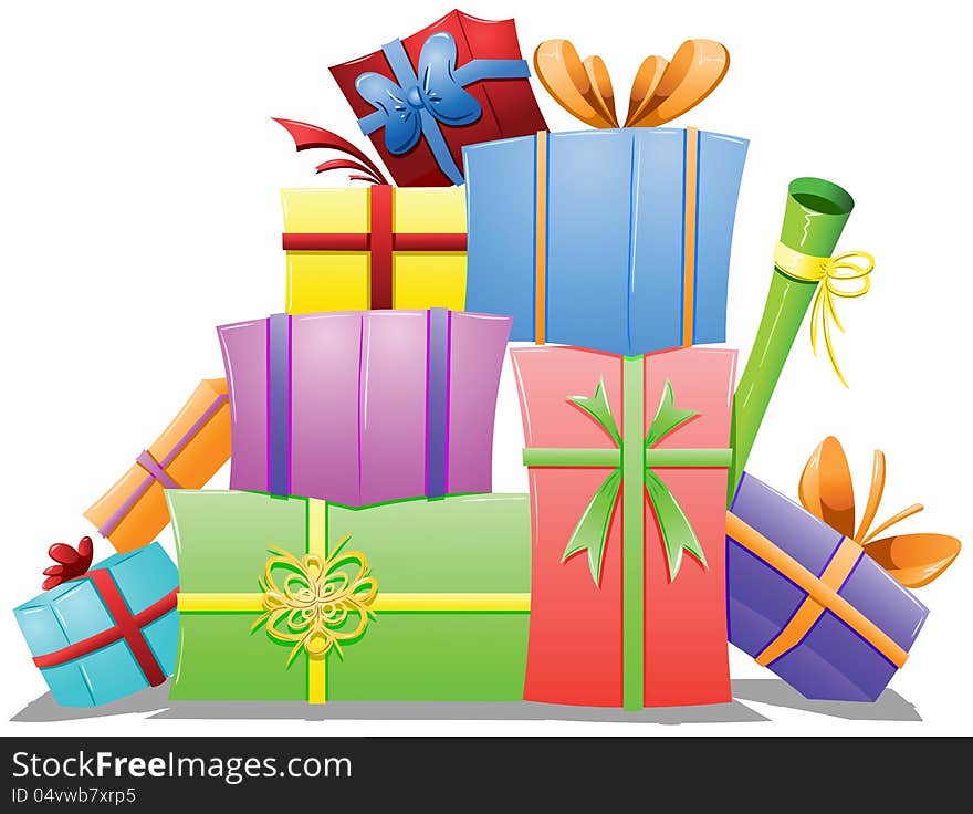 A vector illustration of a pile of gift boxes wrapped for the holidays.