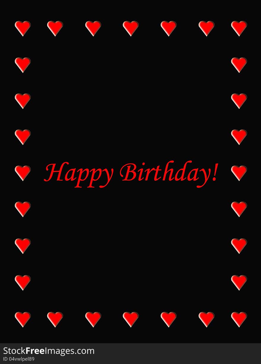 Illustration of happy birthday with border of symbol of hearts on black background