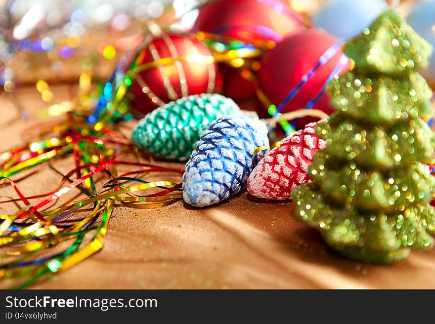 Christmas decorations and candles, close up