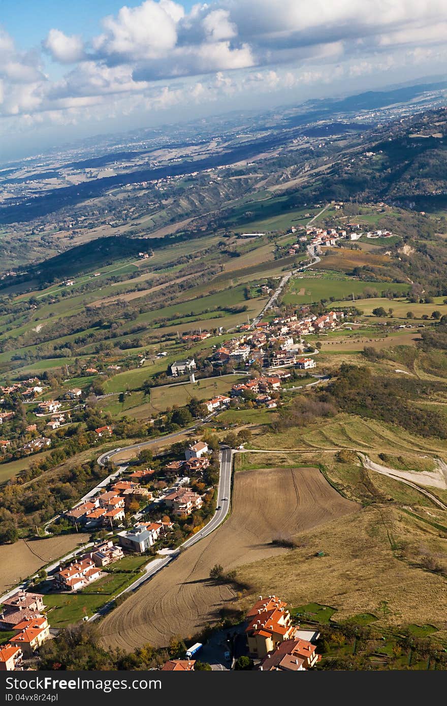 Beautiful Italian landscape. View from heights of San Marino