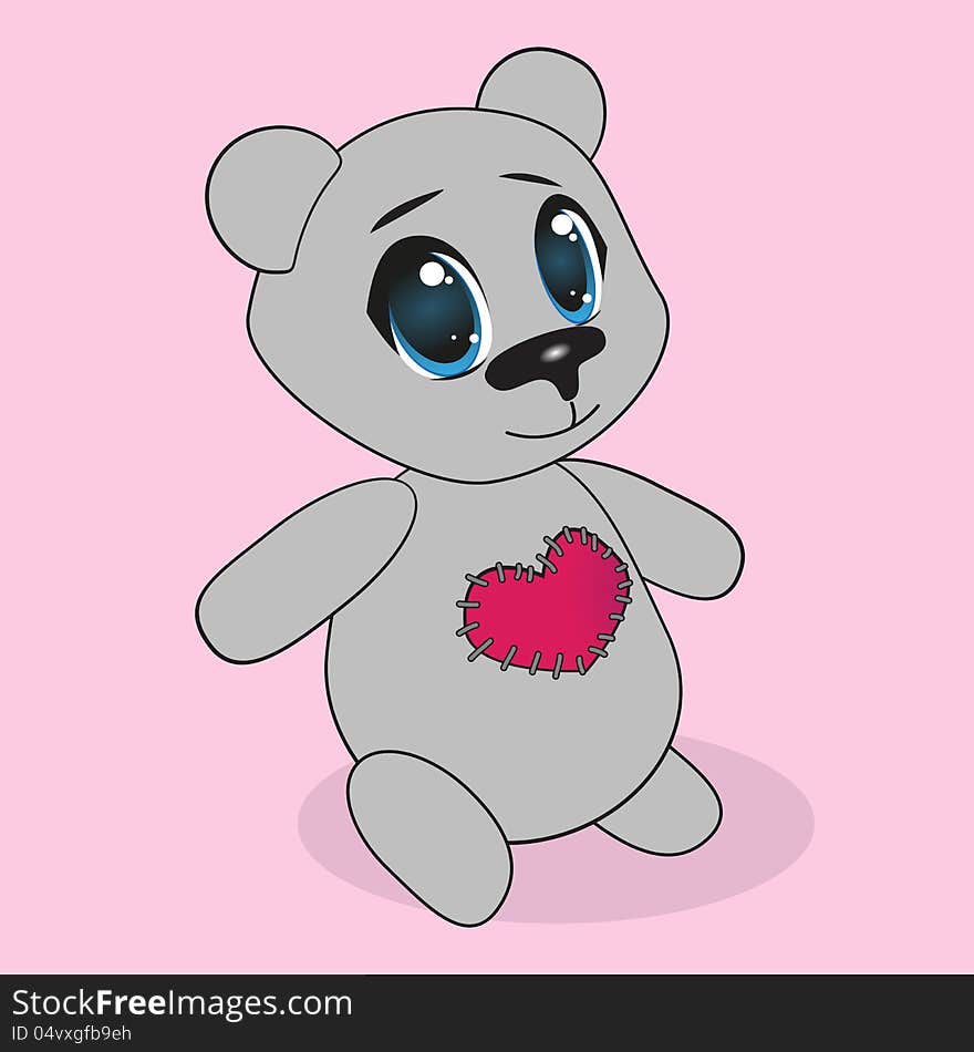 Teddy Bear with a heart sewn isolated on pink background