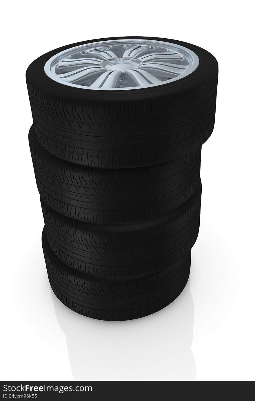 One stack of wheels with steel rims (3d render). One stack of wheels with steel rims (3d render)