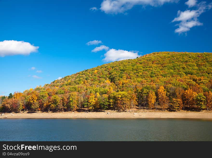 River surrounded by Autumn forest mountains