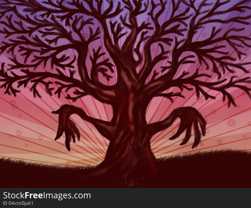 Abstract digital illustration of big leafless fantasy tree. Abstract digital illustration of big leafless fantasy tree.