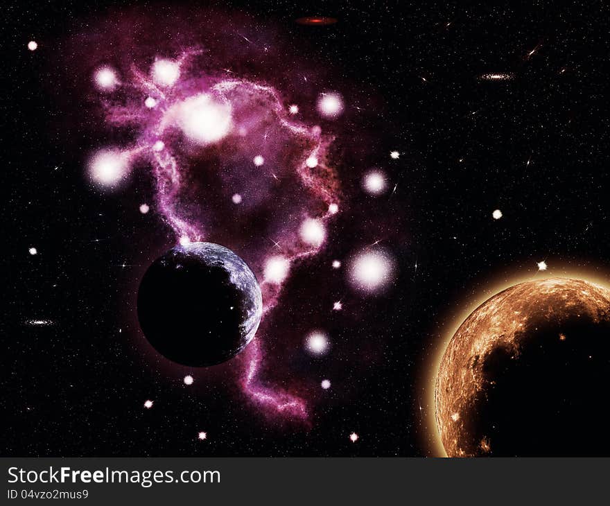 Abstract illustration of rich star forming nebula and two planets. Abstract illustration of rich star forming nebula and two planets.