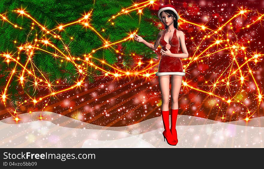 Christmas background with girl in santa hat