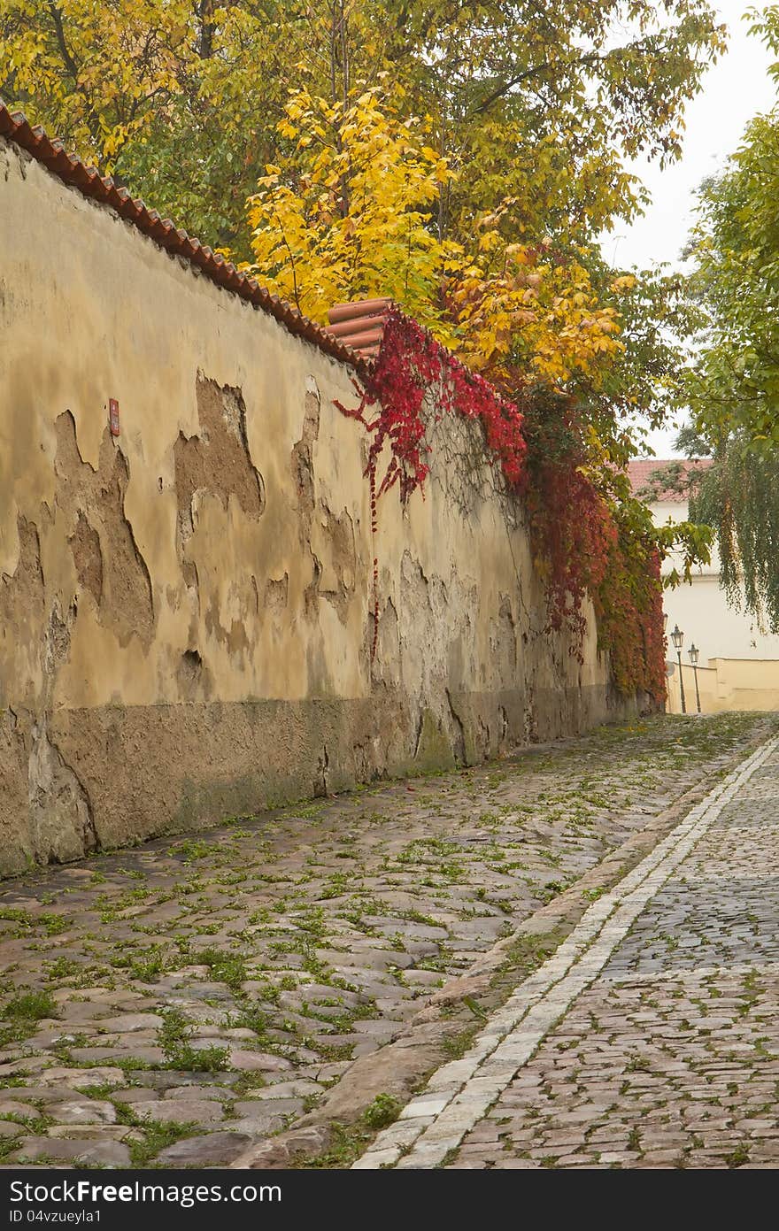 Autumn morning in an old streets of Prague.