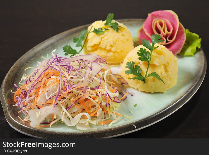 Mixed salad with Cabbage and mashed potatoes. Mixed salad with Cabbage and mashed potatoes