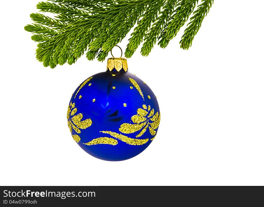 Fir and blue ball on white background