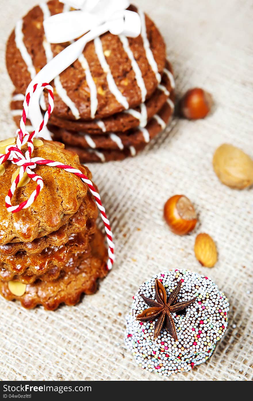 Christmas cookies wrapped in ribbons