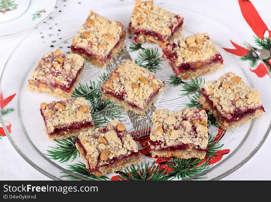 Platter of cranberry and peanut butter bars. Platter of cranberry and peanut butter bars