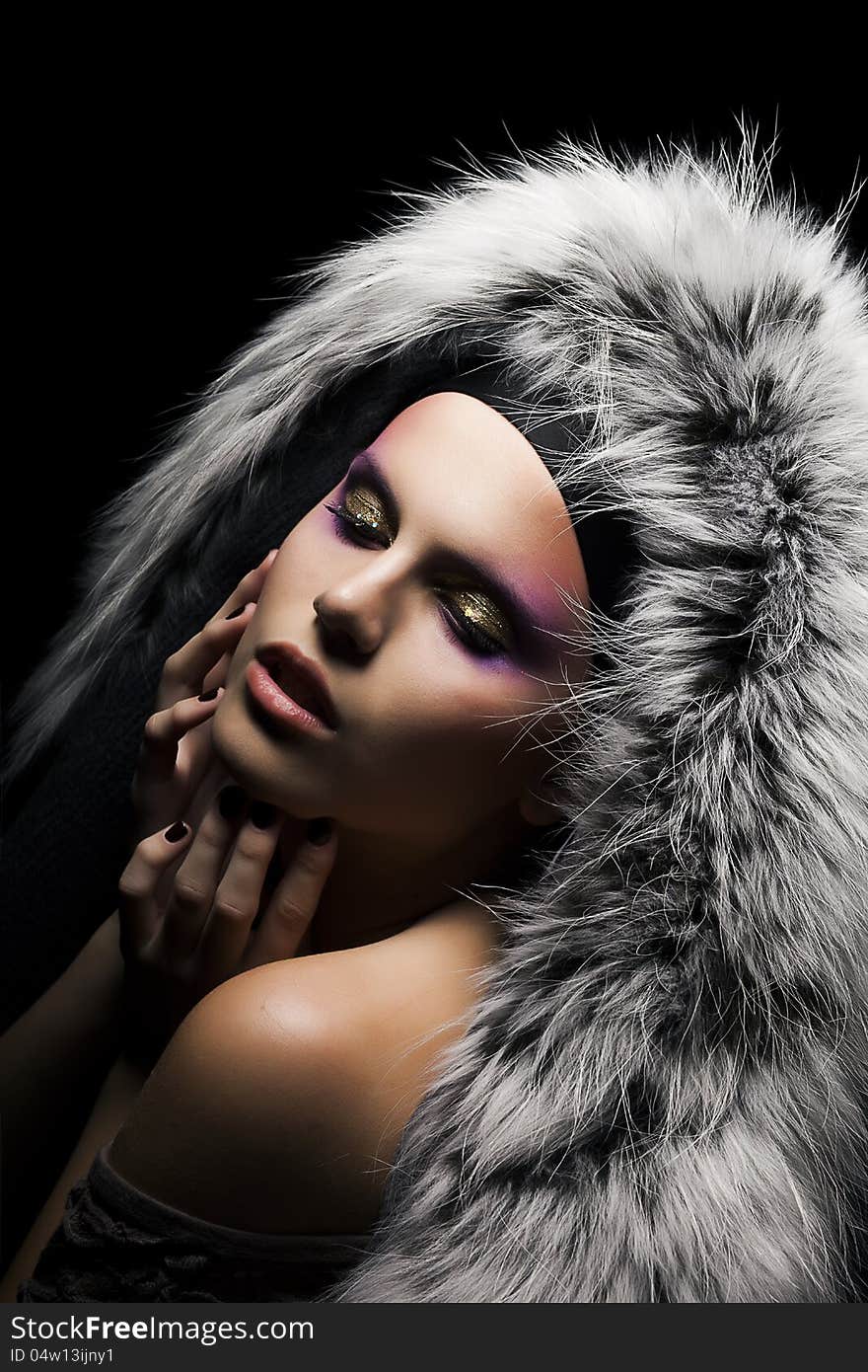 Beauty fashion woman in a coat with grey fox fur collar. Beauty fashion woman in a coat with grey fox fur collar