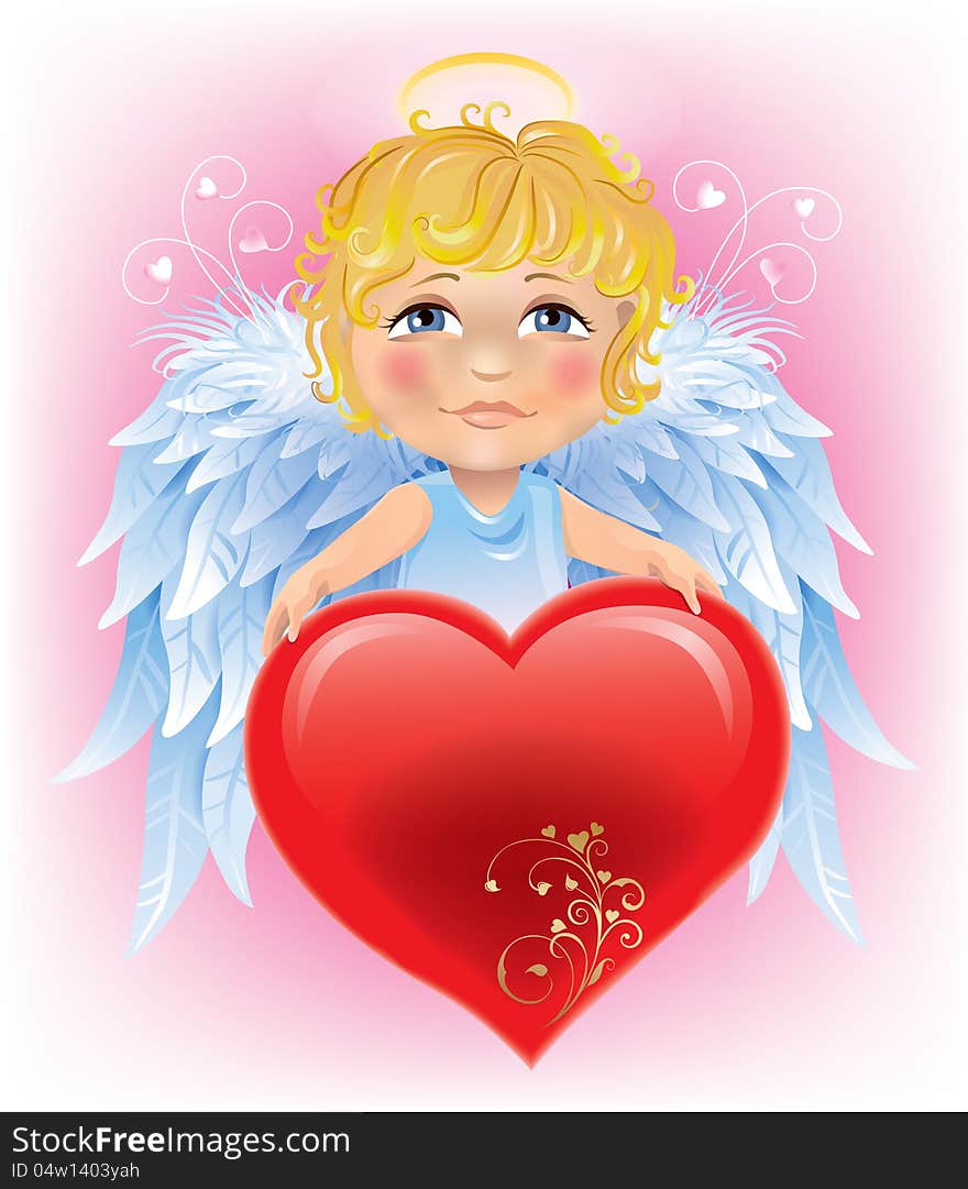 Angel little boy and Valentine's Day heart. Illustration contains transparent object. EPS 10. Angel little boy and Valentine's Day heart. Illustration contains transparent object. EPS 10.