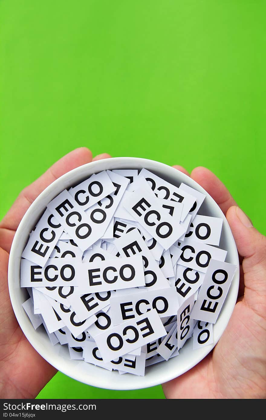 Image of hand hold eco sign. Image of hand hold eco sign