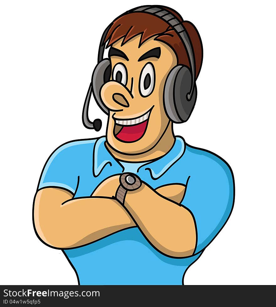 Illustration of a man with headphone and mic talking to a customer. . Illustration of a man with headphone and mic talking to a customer.