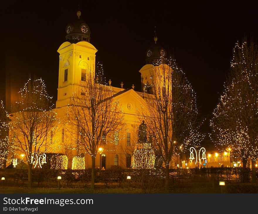 The big church of Debrecen is Christmas in illumination. The big church of Debrecen is Christmas in illumination.