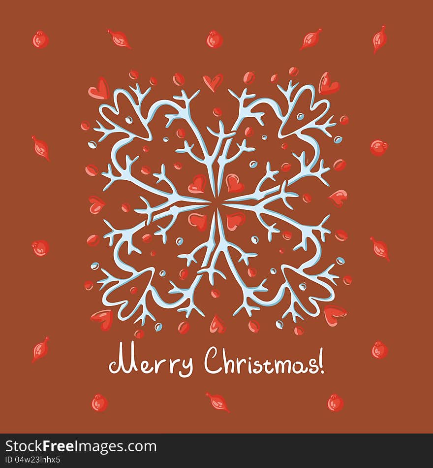 Merry Christmas card with snowflake and hearts