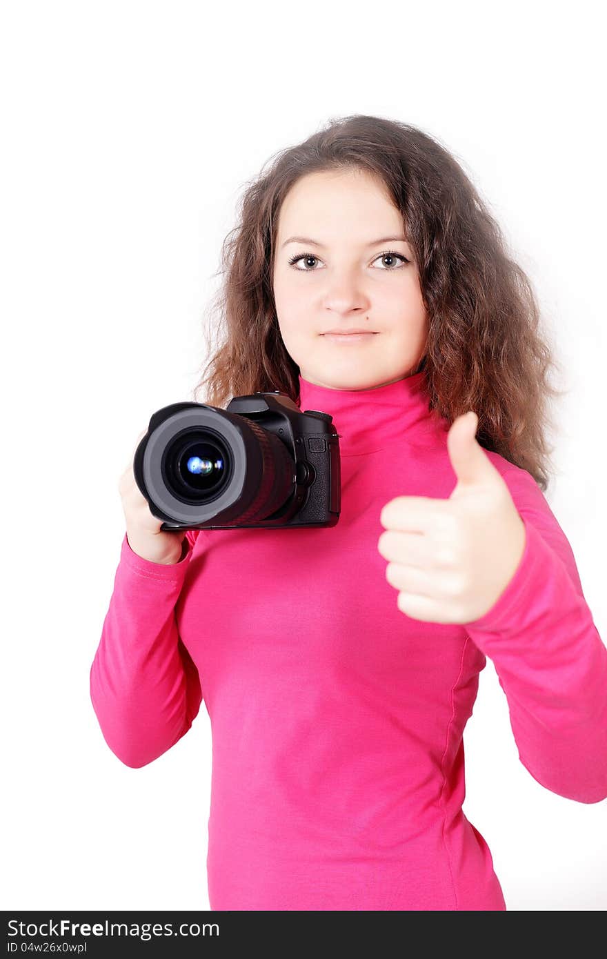 She likes to be a photographer isolated on white background