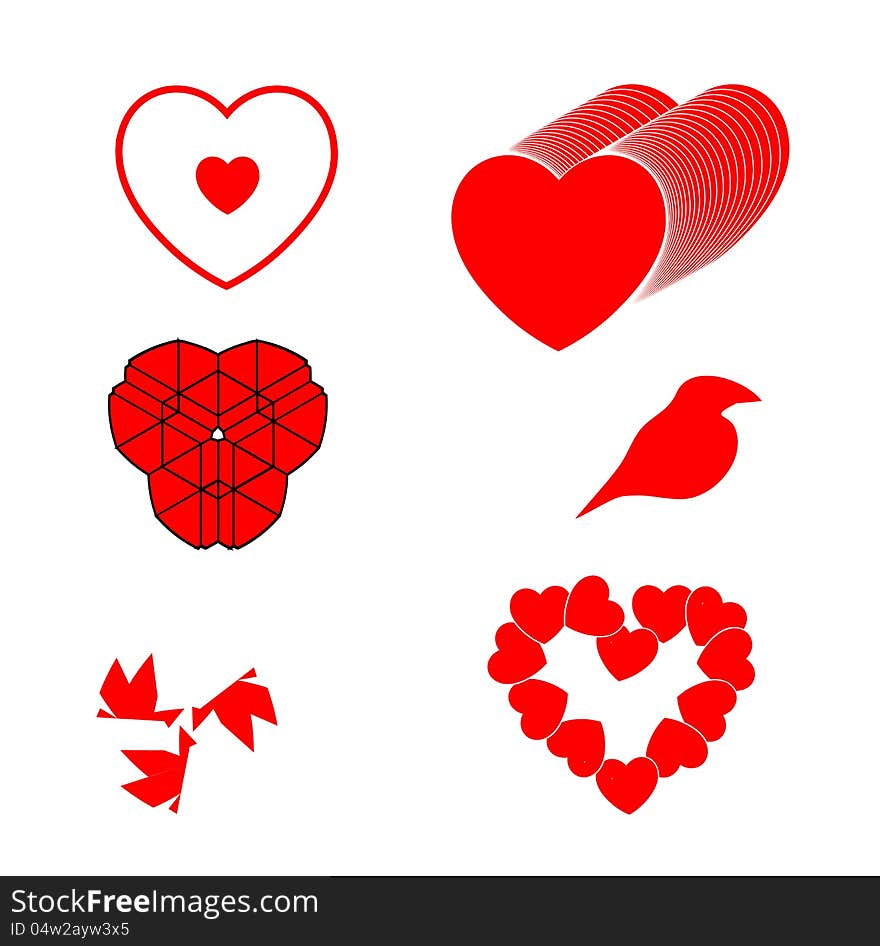 Set different red hearts bird and symbols