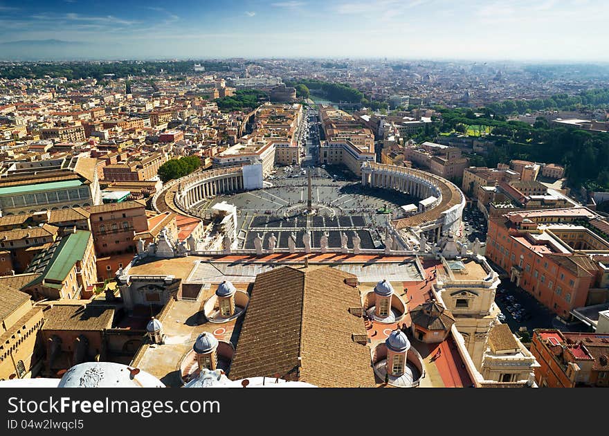 View of Rome and St Peter's Square from dome of St. Peter`s Basilica, Rome, Italy. View of Rome and St Peter's Square from dome of St. Peter`s Basilica, Rome, Italy