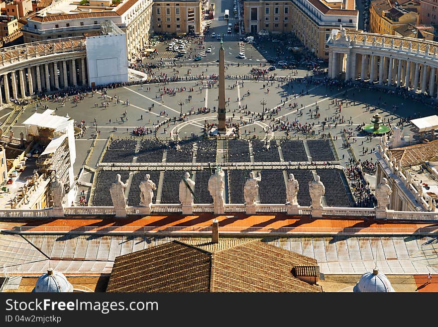 View of St Peter's Square from dome of St. Peter`s Basilica, Rome, Italy. View of St Peter's Square from dome of St. Peter`s Basilica, Rome, Italy