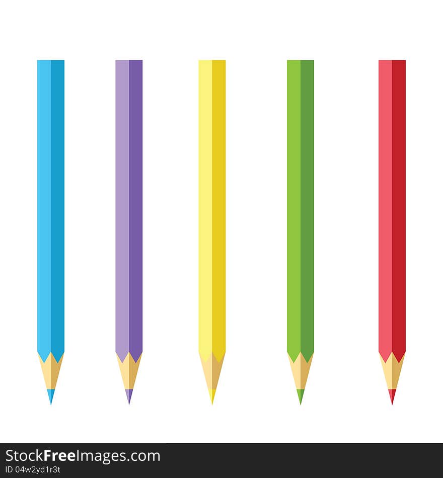 Five colored pencils - blue, violet, yellow, green and red