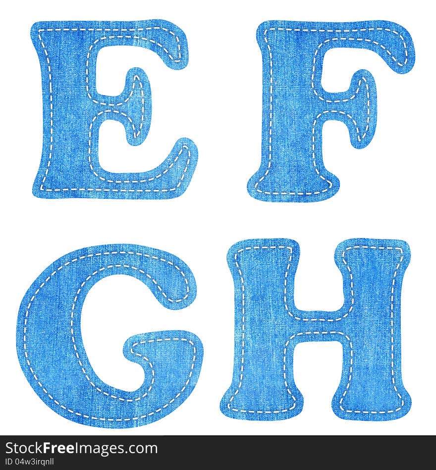 Alphabet blue jean craft stick on white background ( E F G H ). Alphabet blue jean craft stick on white background ( E F G H )