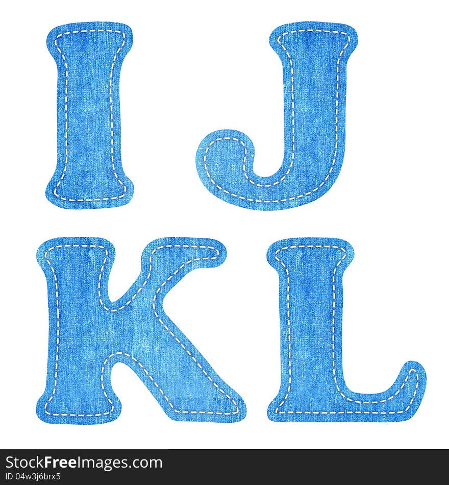 Alphabet blue jean craft stick on white background ( I J K L ). Alphabet blue jean craft stick on white background ( I J K L )