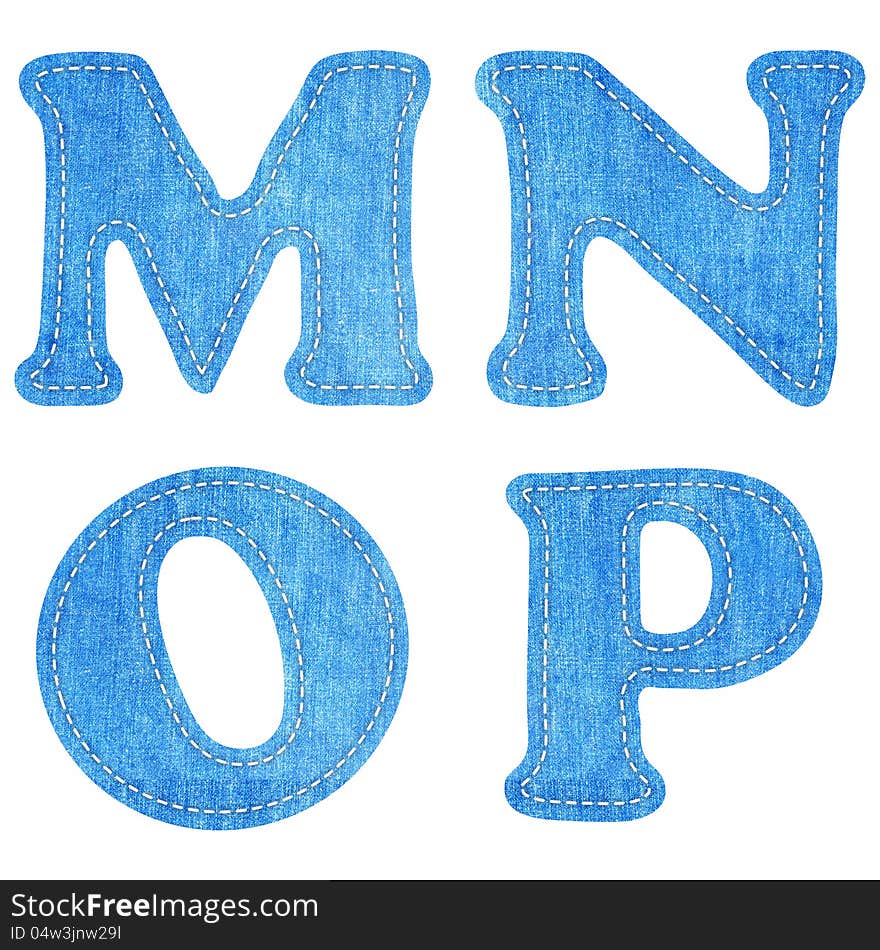 Alphabet blue jean craft stick on white background ( M N O P). Alphabet blue jean craft stick on white background ( M N O P)