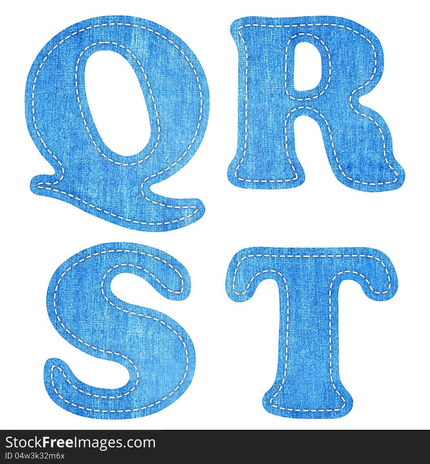 Alphabet  blue jean craft stick on white background (Q R S T )