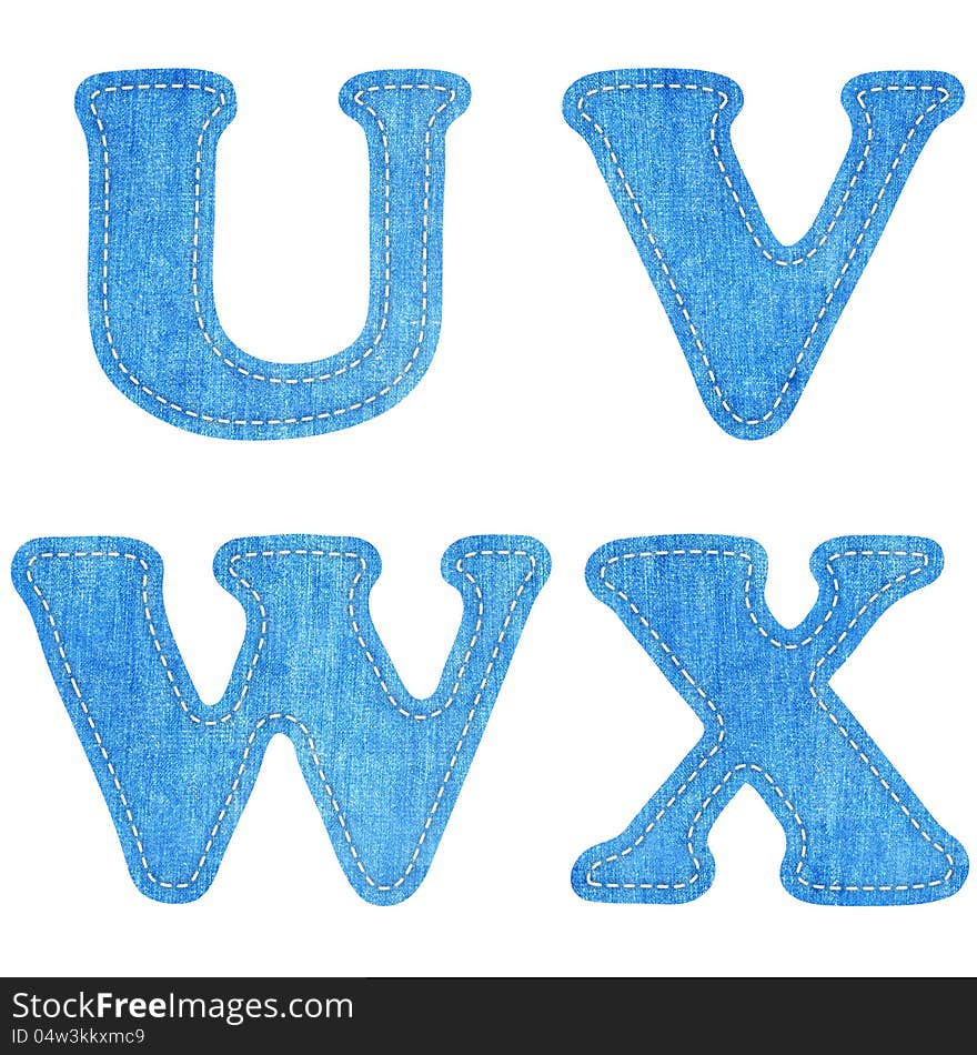 Alphabet blue jean craft stick on white background ( U V W X ). Alphabet blue jean craft stick on white background ( U V W X )