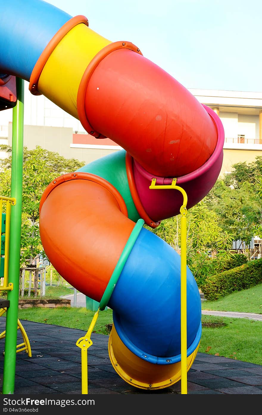 Colorful children playground in health park. Colorful children playground in health park.