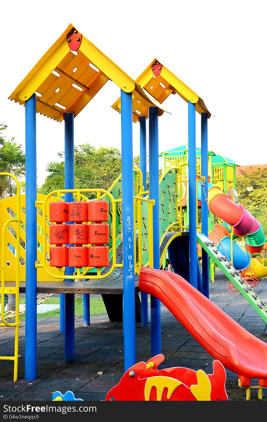 Colorful children playground in health park. Colorful children playground in health park.