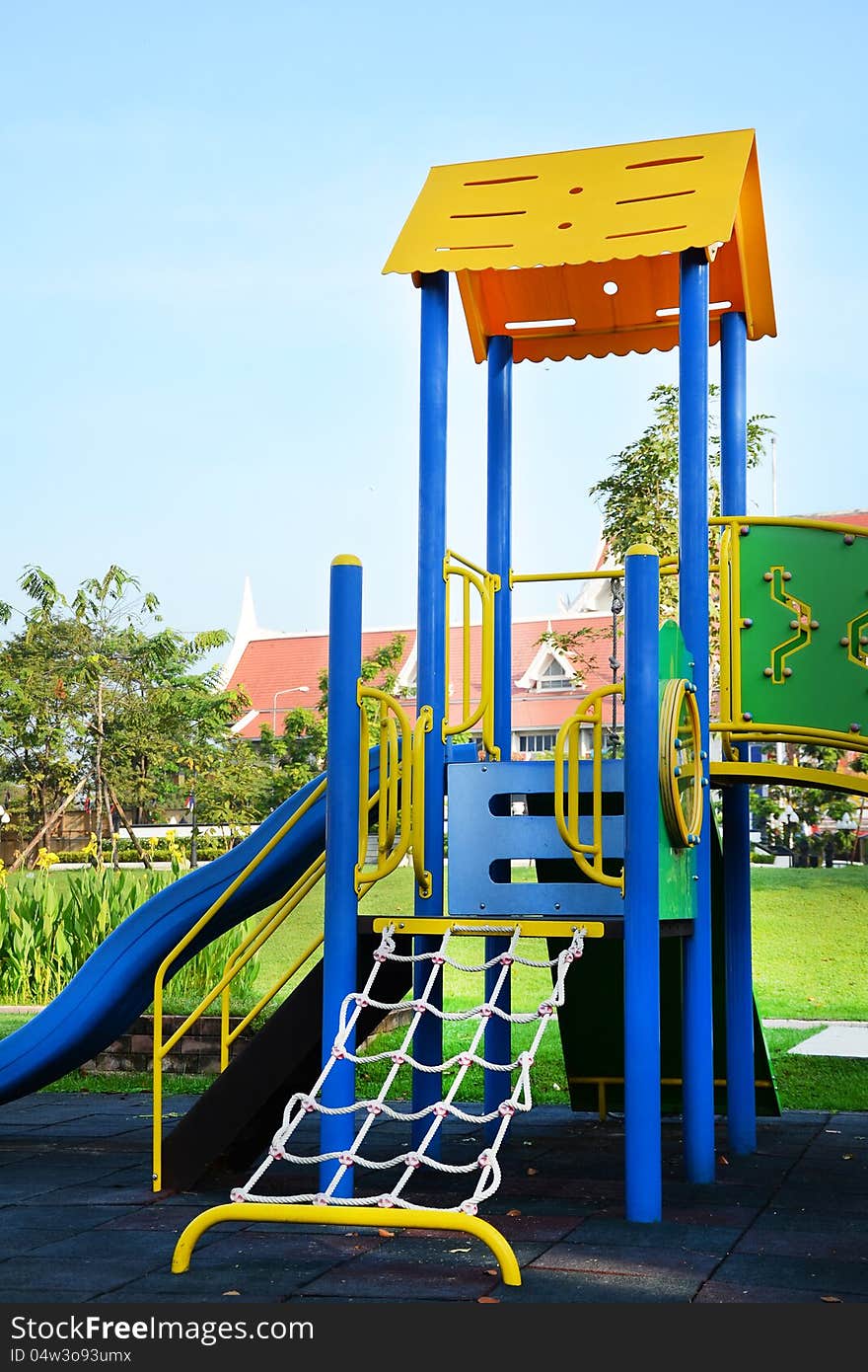 Colorful children playground in health park. Colorful children playground in health park.