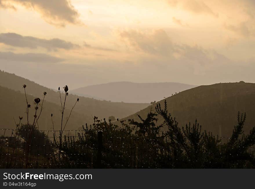 View to a beautiful rainy morning at sunrise