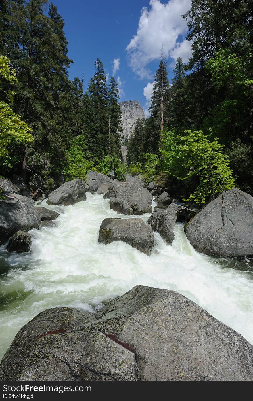 Mountain River And Big Stones In Yosemite