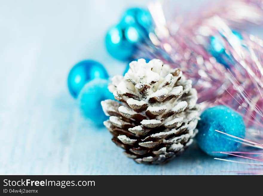 Christmas decoration with snowy cone and blue balls. Christmas decoration with snowy cone and blue balls