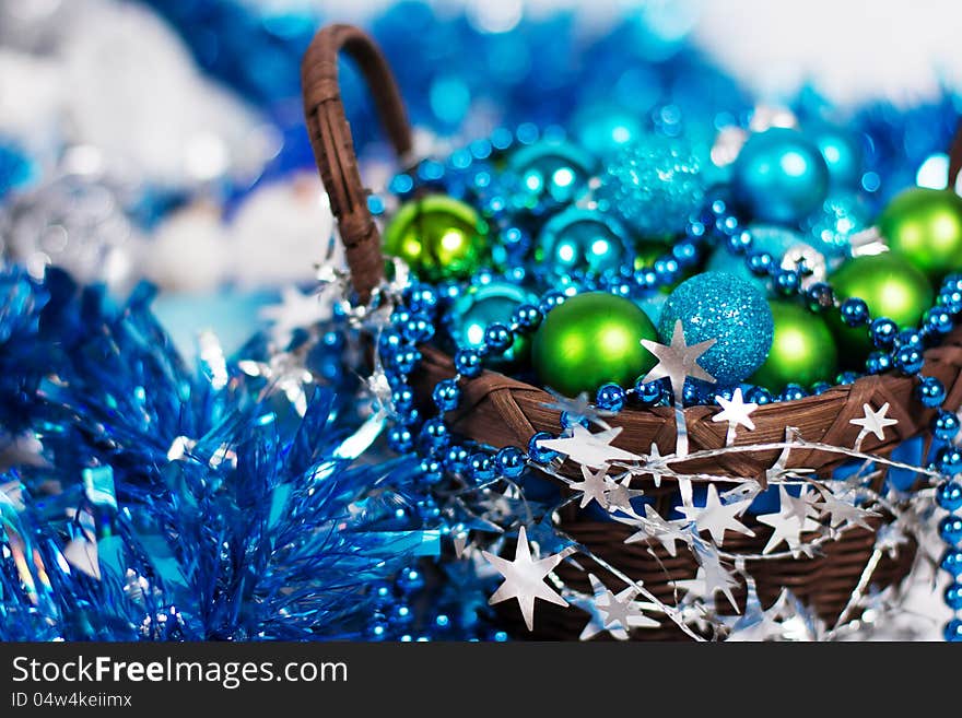 Christmas decoration with different balls and tinsel on white background