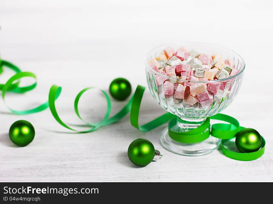 Christmas turkish delight decorated with green ribbon