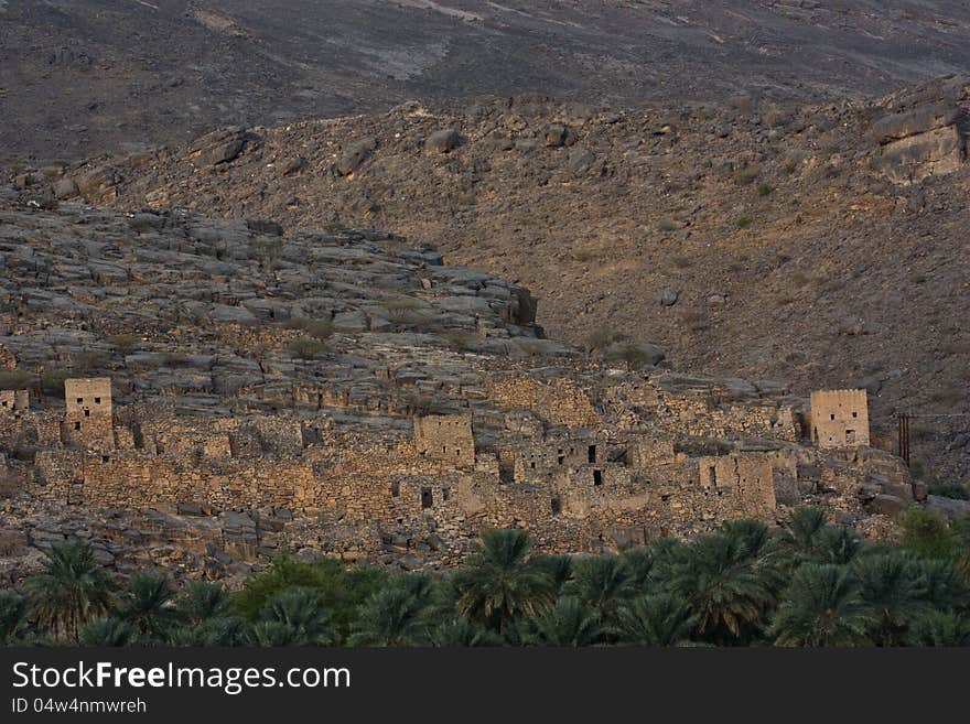 The ancient hillside village of Misfat al Abriyyin, located in the Western Hajar (South), of Oman.