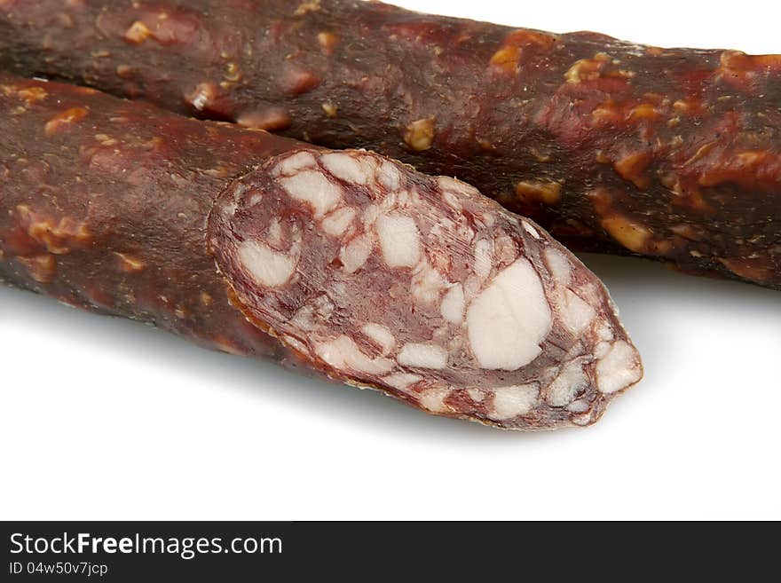 Smoked sausage on white background