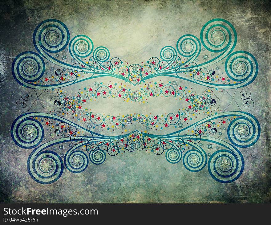 Abstract digital illustration of blue ornament with colorful stars on grunge background. Abstract digital illustration of blue ornament with colorful stars on grunge background.