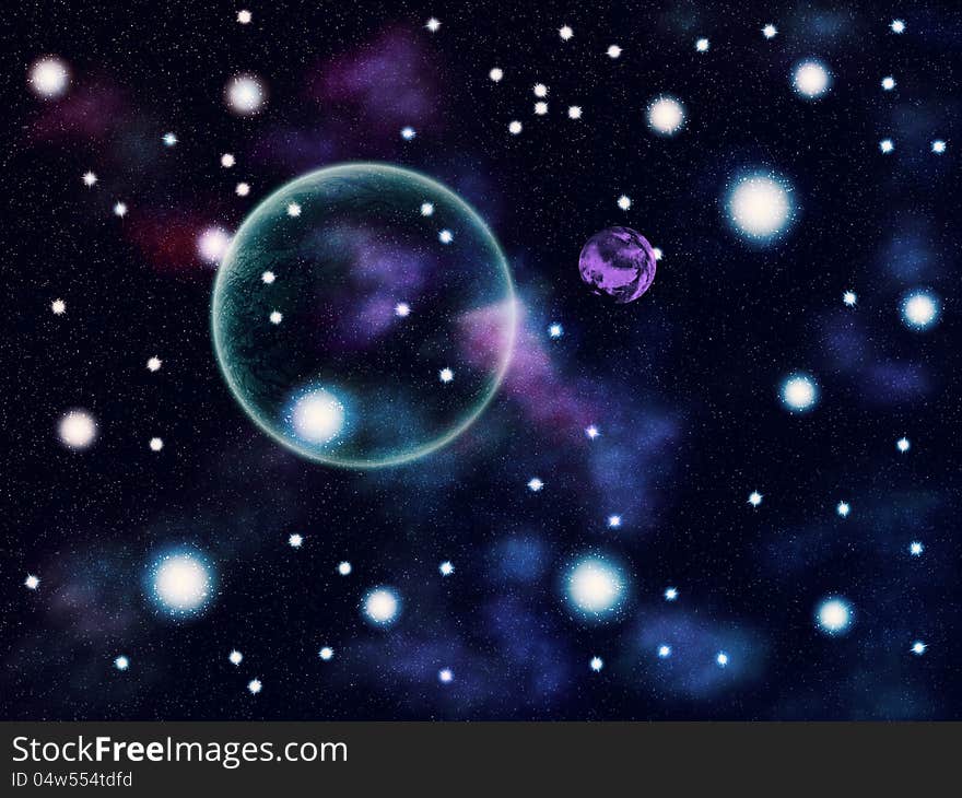 Abstract illustration of space background with colorful clouds and planets. Abstract illustration of space background with colorful clouds and planets.