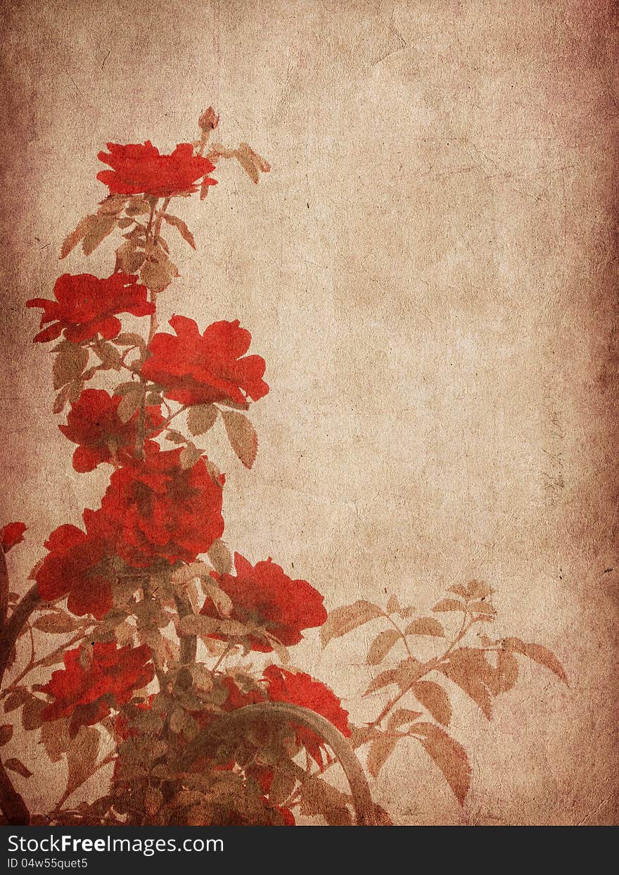 Grunge illustration of red roses on old paper background. Grunge illustration of red roses on old paper background.