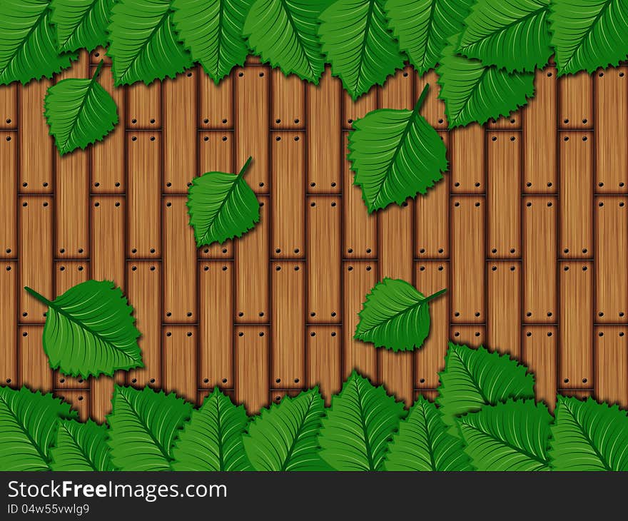 Illustration of green leaves over wooden background. Illustration of green leaves over wooden background.