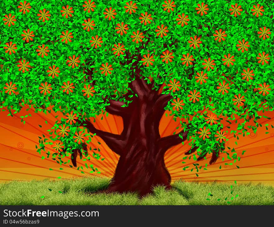 Abstract digital illustration of big tree with flowers.